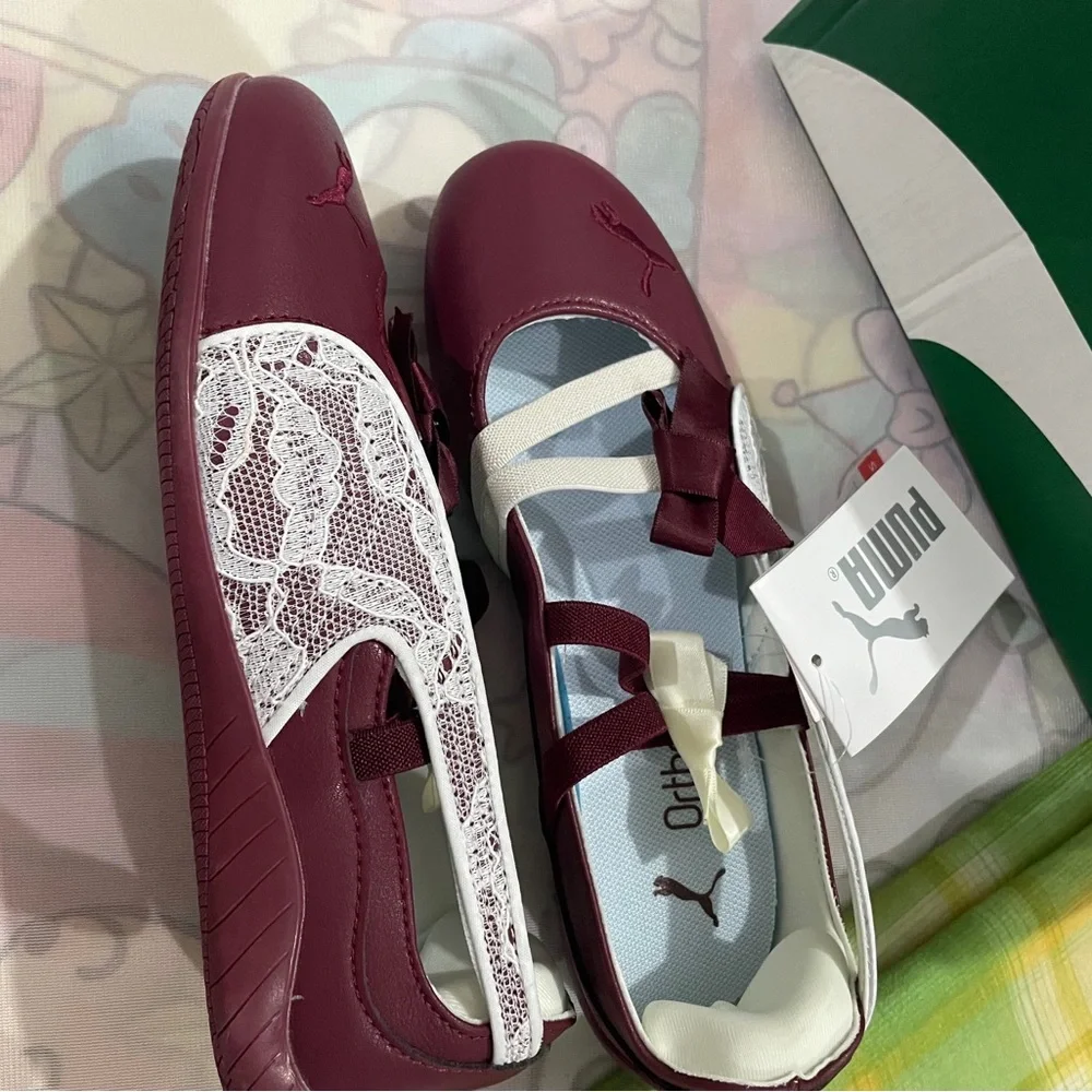 Puma Girls Burgundy and White Ballet Flats with Lace and Bows